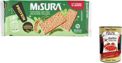 Produktbild von 12x Misura Protein Crackers con Soia Voller pflanzlicher Protein, italienisches Mehl 400 g + Italian Gourmet polpa 400g
