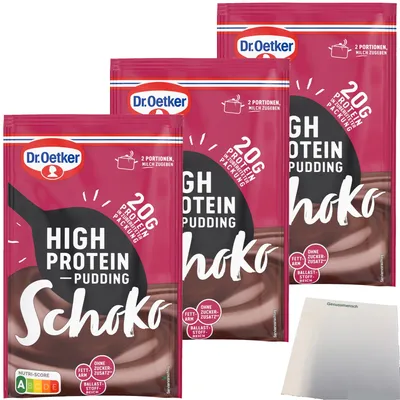 Produktbild von Dr. Oetker High Protein Pudding Schoko 3er Pack (3x58g Beutel) + usy Block