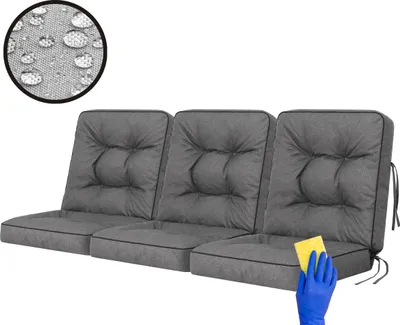 Three gray outdoor cushions are shown on a white background. A close-up inset in the upper left corner shows water droplets on fabric, indicating water resistance. A gloved hand holding a sponge is shown cleaning the bottom right cushion.
