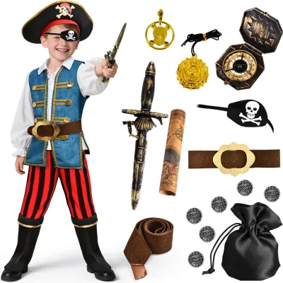 Immagine prodotto di Elzusha - Costume da pirata per bambini - Set da travestimento per ragazzi con cappello, cintura, bussola e accessori