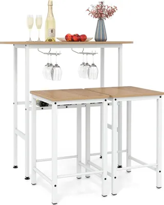 Image de Table de bar avec 2 tabourets - Ensemble de bar - Pour 2 personnes - Support pour verres à vin et bouteilles - Bois - Blanc