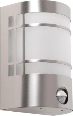 Produktbild von Harms Importe Außenwandleuchte, Bewegungsmelder, Modern, für Außen, Edelstahl, Glas, Silber, Breite 13,5 cm, Höhe 19 cm, Tiefe 11,5 cm, E27 (max. 40W), geeignet für LED- & Energiesparlampen, witterungsbeständig, blendfreie Lichtstreuung.