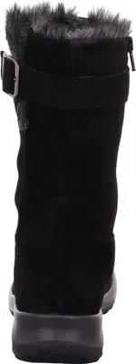 A back view of a black boot with fur trim.