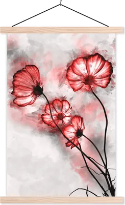 Produktbild von MuchoWow® Textilposter Blumen - Aquarell - Rot 60x90 cm mit holzfarbenen Rahmen - Textil