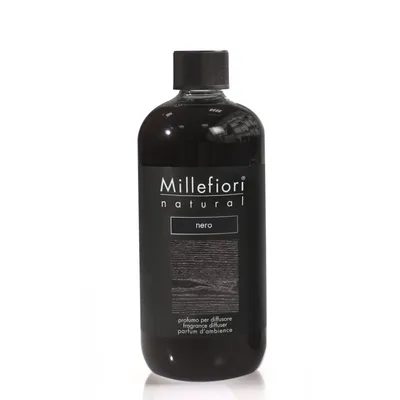 A black bottle of fragrance refill with a label on a white background.