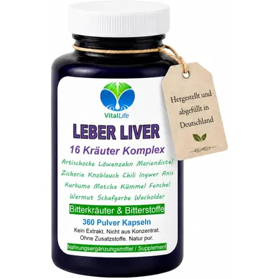 Produktbild von Leber Liver Bitterstoffe & Bitterkräuter Komplex – 360 Pulver Kapseln – 16 Naturkräuter Ohne Zusatzstoffe