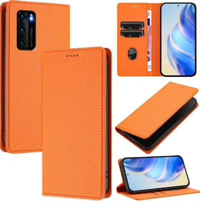 Produktbild von Litchi Leder Handyhülle für Huawei P40 Wallet Kartenfächer Standfunktion Hülle Orange