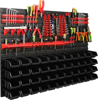 Produktbild von Lagersystem Werkstattregal | 117 x 78 cm | 44 stck. Box | Wandregal mit Werkzeughalterungen und Stapelboxen - Wandplatten Extra Starke Schüttenregal Warkzeuglochwand Lagerregal Garage Regal
