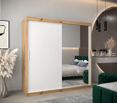Produktbild von Schwebetürenschrank mit einer Breite von 200 cm TIMEA 2 – Eiche Artisan / Weiß