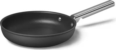 A black frying pan with a silver handle is shown against a white background.