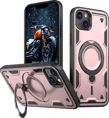 Produktbild von Dual Layer Hülle für iPhone 14 Plus/iPhone 15 Plus Metall Ring Ständer Magnetisch Stoßfest Militär Handyhülle Roségold