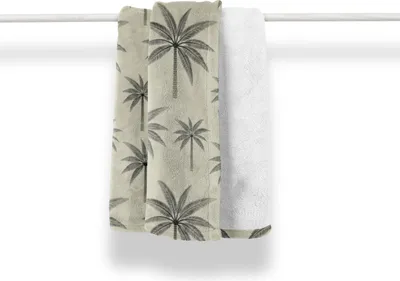 Produktbild von ABAKUHAUS Palme Weich Flanell Fleece Decke, Vintage tropische, Gemütlicher Plüsch für den Innen- und Außenbereich, 125 x 175 cm, Pale Khaki und Dunkelgrau