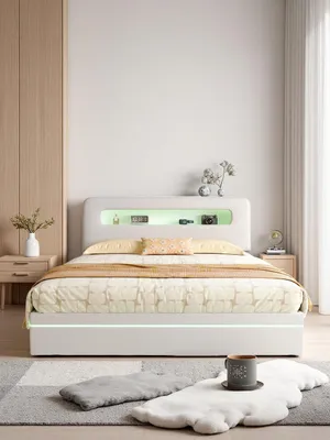 Zdjęcie produktu dla Łóżko hydrauliczne ProximaX 140x200 cm, oświetlenie LED, schowek i półka w zagłówku, wygodne do spania, sypialnia, beżowy aksamit