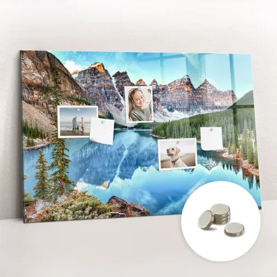 Obrázek produktu pro Magnetická Tabule na Zeď Skleněná - Memo Board Kleněnou Přední Stranou - 5 magnetů v balení - 90x60 cm - Horská krajina