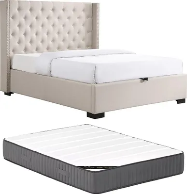 Produktbild von Bett mit Stauraum 200 x 200 cm + Kopfteil gepolstert + Matratze - Stoff Beige - MASSIMO