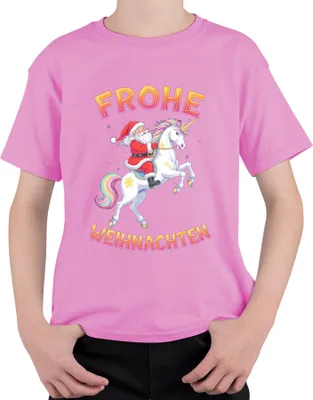 Produktbild von Frohe Weihnachten Weihnachtsmann Einhorn Regenbogen Kinder Lustig Uni Kinder T-Shirt, Pink, 128