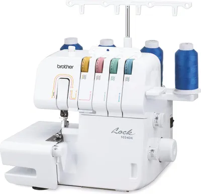 A white Brother overlock sewing machine with blue thread spools on top.