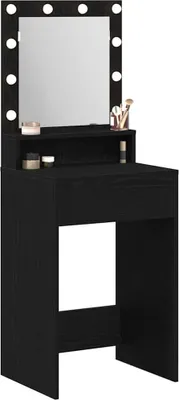 A black vanity table with a mirror and lights.