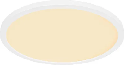 A white circular LED ceiling light with a yellow illuminated center, shown from a diagonal angle against a white background.