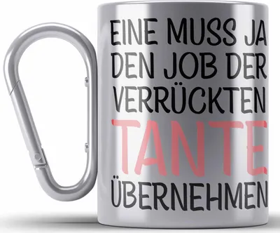 Produktbild von Trendation - Verrückte Tante der Welt Geschenk Edelstahl Tasse Karabiner Spruch für Tante Weihnachten Lieblings Verrückte Tante Coole Geschenkidee Engel Ohne Flügel (Silber)