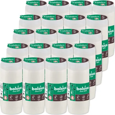 A group of white candle inserts in plastic containers, arranged in a grid.