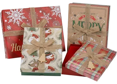 Immagine prodotto di Confezioni regalo natalizie, rettangolari con coperchio e fiocco, set da 4, multicolore