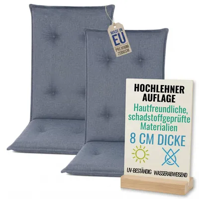 Produktbild von Pillows24 - 2x Hochlehner Auflagen 120x50x8 cm | Gesteppte Wetterfeste Gartenstuhlauflagen | Polster Sitzkissen für Gartenmöbel | EU | Blau
