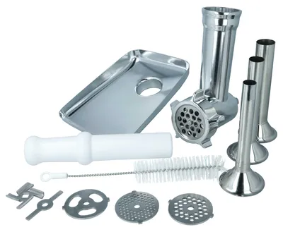 Produktbild von vhbw Fleischwolf Aufsatz kompatibel mit KitchenAid Küchenmaschinen - Set mit Wurstfüller, 3 Mahlscheiben, Edelstahl / Kunststoff