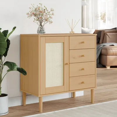 Produktbild von Sideboard Wohnzimmer - SENJA Rattan-Optik Braun 80x40x80 cm Kiefernholz - Kommoden CC21720
