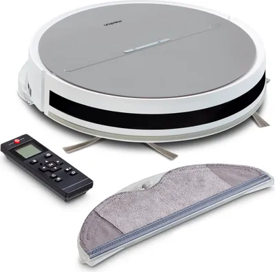 A white and gray robot vacuum cleaner with a black stripe, a remote control, and a mopping attachment, displayed on a white background.