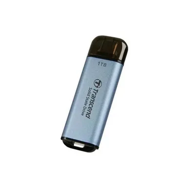 A blue Transcend 1TB external SSD is shown against a white background.