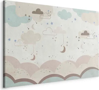 Produktbild von Italienischer Leinwand Leinwandbild - Cloudy Night Sky - Moons in Brown and Beige Hues Among Clouds and Numerous Little Stars on a Light Background 90x60 cm Für Kinder e-C-10063-b-a