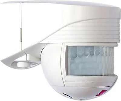 A white motion sensor mounted on a white background.