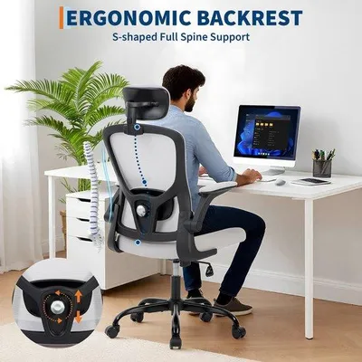 Image de Chaise de bureau ergonomique avec appui-tête réglable en 2 dimensions, accoudoirs pivotants et roulettes, dossier haut