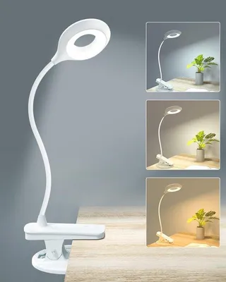 Imagen del producto de Lámpara LED con clip regulable, con cuello de cisne flexible, 20 LEDs, 3 colores de luz, atenuación táctil, clip y base, batería USB de 1800 mAh