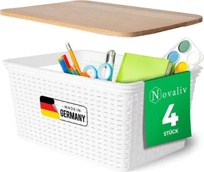 Produktbild von Novaliv 4er Set Elegante Aufbewahrungskörbe mit Holzdeckel Rattan-Optik | Weiß Lebensmittelecht Kunststoff 14L – für Büro und Zuhause. Vielseitige Kisten zur Aufbewahrung. Ideale Aufbewahrungsbox