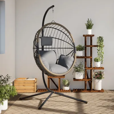 Produktbild von Hängesessel Ei-Design mit Ständer Hellgrau Rattan und Stahl, Hollywoodschaukeln 2024 Neu