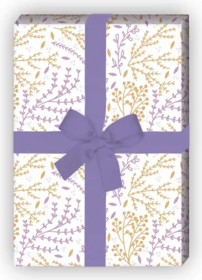 Produktbild von Florales Geschenkpapier mit zartem Muster in lila gelb auf weiß - G6337, 32 x 48cm