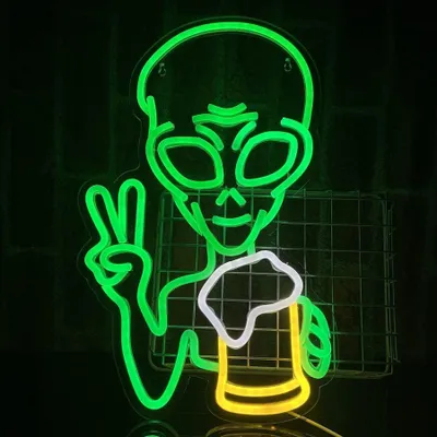 Obrázek produktu pro NEON LED světlo, dekorativní nástěnné světlo, mimozemšťan s pivem, zelené, cca 40 x 30,5 x 2 cm