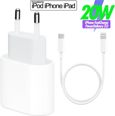 Produktbild von USB- C Adapter für iPhone 14 13 12 11 X Xs USB-C Schnellladegerät, lightning Ladekabel weiß