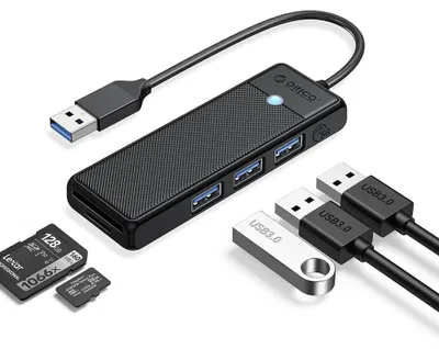 Produktbild von Orico PAPW3AT-U3 USB-Hub mit 4 Anschlüssen (3x USB-A 3.0) und microSD/SD-Kartenleser, 1 m