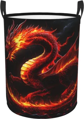 Produktbild von Wäschekorb mit Feuerdrachenmotiv, zusammenklappbar, runde Aufbewahrung für Reisen, Badezimmer und Studentenwohnheim