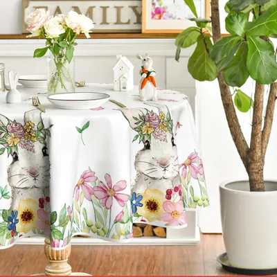 Runde Tischdecke Ø 140 cm, Blumen-Design, Polyester, Beige
