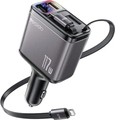 Obrázek produktu pro Yesido 4-v-1 USB-C/USB-A nabíječka do auta s kabely USB-C/Lightning 117W - černá