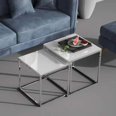 Produktbild von 2er Set Design Beistelltisch MENTO weiss hochglanz 50cm Edelstahl
