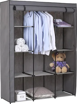 Produktbild von Stoffkleiderschrank Kellerregal Faltkleiderschrank STEVEN, mit 1 Kleiderstange und 9 Regalfächern, inkl. Schutzhülle in grau - 7 verschiedene Aufbauvarianten