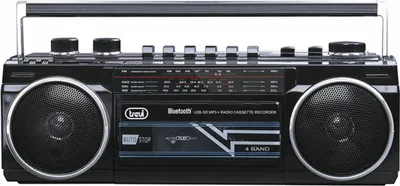A black portable radio cassette recorder with two speakers and various controls.