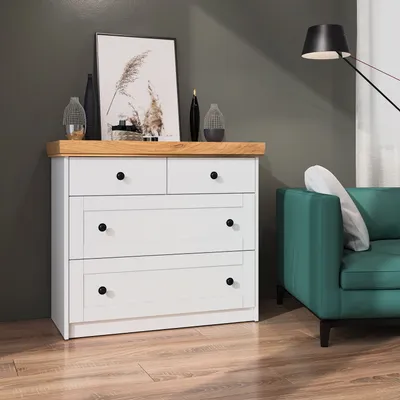 Obrázek produktu pro Homestyle4u komoda příborník dub matný bílé dřevo masiv skříňka se zásuvkami highboard příborník