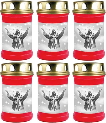 Produktbild von Grabkerze Rot 6er Pack, Brenndauer: 48 Stunden ( je Kerze ), Motiv: Jesus