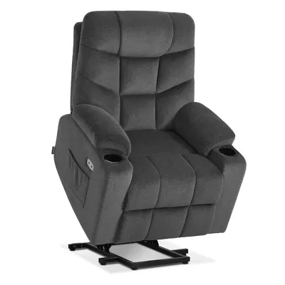 A gray recliner chair with a lift assist mechanism, shown from a front-diagonal angle against a white background.